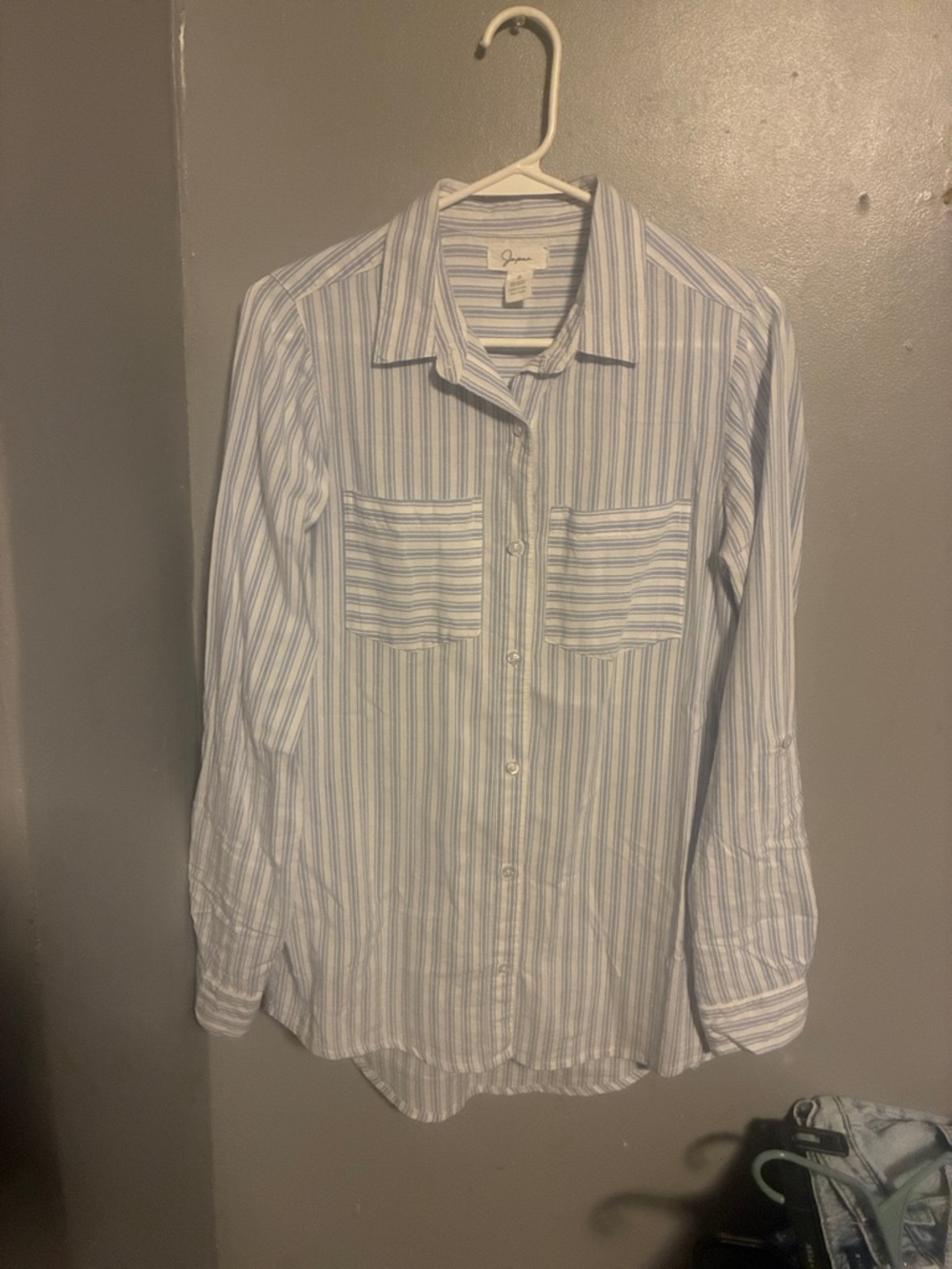 Japna White and Light Blue Striped Long Sleeve Button-Up Shirt